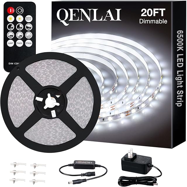 20ft White LED Strip Lights, Upgraded 6500K Dimmable Tape Lights with Remote and Plug, 12V 360 LEDs Flexible Sticky Cuttable Led Light Strips for Bedroom Ceiling Kitchen Under Cabinet Lighting
