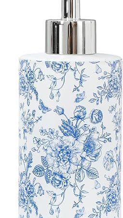 Blue Floral Soap Dispenser Vintage Flower Butterfly Glass Dispenser with Pump Refillable Chinoiserie Liquid Soap Container for Farmhouse Home Kitchen Bathroom Countertop