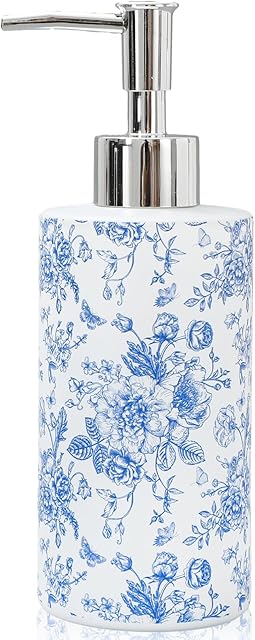 Blue Floral Soap Dispenser Vintage Flower Butterfly Glass Dispenser with Pump Refillable Chinoiserie Liquid Soap Container for Farmhouse Home Kitchen Bathroom Countertop