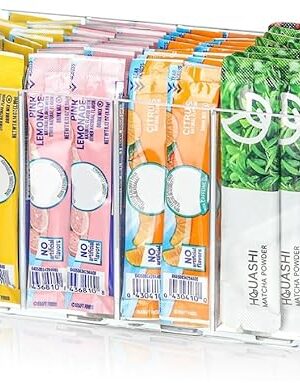 AIEVE Drink Packet Organizer, Water Drink Packet Holder with Removable Divider, Water Flavor Packet Organization Container for Kitchen Organizers and Storage (6 Compartments)