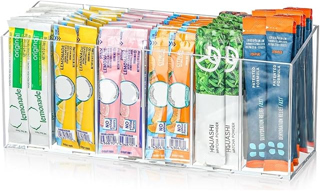 AIEVE Drink Packet Organizer, Water Drink Packet Holder with Removable Divider, Water Flavor Packet Organization Container for Kitchen Organizers and Storage (6 Compartments)