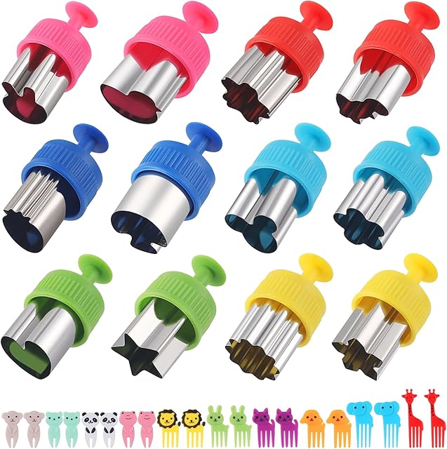 Vegetable Cutters Shapes Set, 12pcs Stainless Steel Mini Cookie Cutters, Vegetable Cutter and Fruit Stamps Mold + 20pcs Cute Cartoon Animals Food Picks and Forks -for Kids Baking and Food Supplement