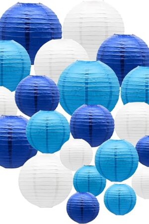 ADLKGG Blue Paper Lanterns Decorative, Hanging Round Paper Lantern Party Supplies for Anniversary Graduation Wedding Birthday Party Baby Shower Decorations Indoor Outdoor, 21pcs
