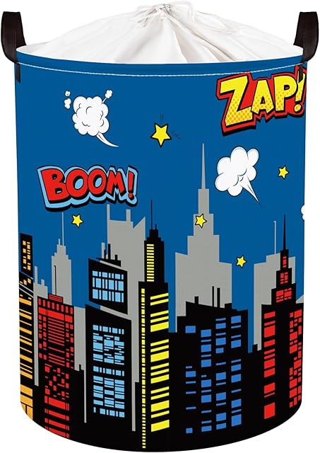 Clastyle 45L Large Blue City Hero Skyline Kid Laundry Hamper with Handle Comic Hero Building Silhouettes Clothes Toy Boys Basket with Lid for Nursery
