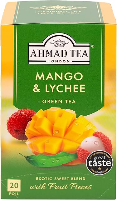 Ahmad Tea Green Tea, Mango & Lychee Teabags, 20 ct (Pack of 1) - Caffeinated & Sugar-Free
