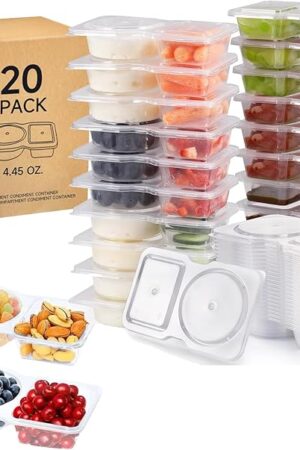 20 Sets Reusable Snack Containers with Lids,2-Compartment Condiment & Dip Container for Refrigeration,Take-Out Sauces,Portion Control,Meal Prep,Travel,Leakproof BPA-Free,Snack Pack Box for Adult Kid