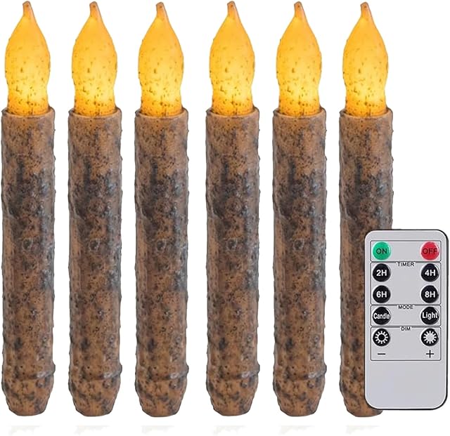 6.5'' Real Wax Primitive Candles Hand Dipped Rustic Flameless Taper Candle with Timer Remote for Vintage Home Kitchen, Country Room, Christmas Halloween Decor
