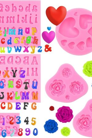 6Pcs Silicone Letter Molds Alphabet Molds 0-9 Number Molds Mini Rose Heart Shaped Chocolate Fondant Cake Candy Gummy Molds Valentime Molds Silicone Molds for Baking DIY Crafts Cupcake Decor
