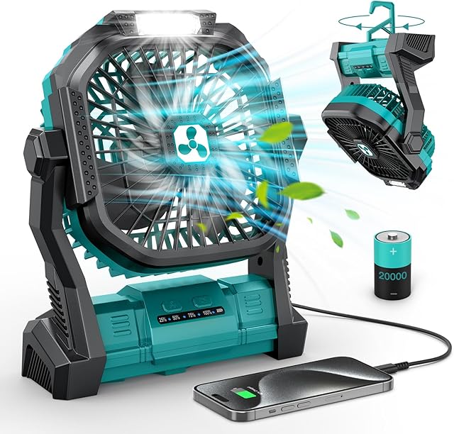 Portable Battery Powered Fan with LED Lantern, USB C Rechargeable
