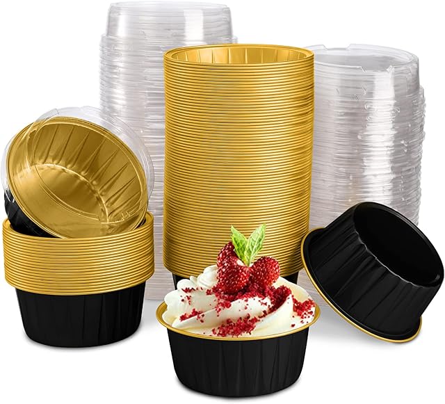 DEAYOU 100 Pieces Aluminum Foil Baking Cups with Lids, 5oz Disposable Ramekin Cupcake Liners, Tart Pie Tin Pan Holder, Mini Cake Containers for Pudding, Souffle, Party, Wedding, Black Gold Color