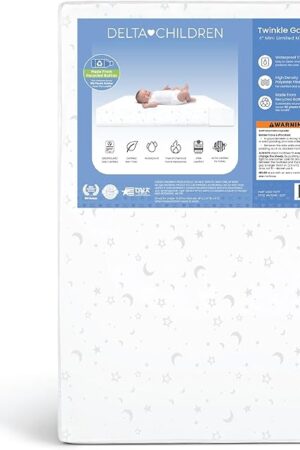 Delta Children Twinkle Galaxy Limited 4-inch Mini Crib Mattress - Premium Sustainably Sourced Fiber Core - Waterproof - GREENGUARD Gold Certified (Non-Toxic) - 5 Year Warranty - Made in USA