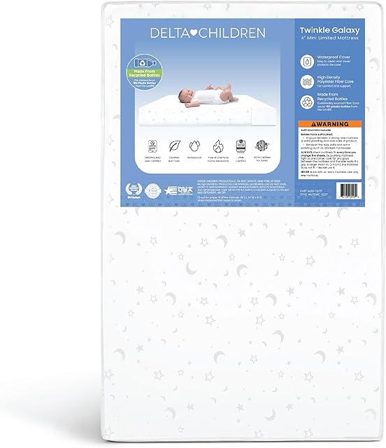Delta Children Twinkle Galaxy Limited 4-inch Mini Crib Mattress - Premium Sustainably Sourced Fiber Core - Waterproof - GREENGUARD Gold Certified (Non-Toxic) - 5 Year Warranty - Made in USA