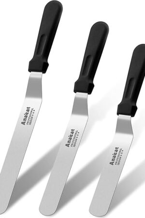 Anaeat Icing Spatulas, Set of 3 Professional Cake Angled Offset Spatula with 6", 8", 10" Stainless Steel Blades - Thickened Frosting Knife with Plastic Handle for Cake Decorating, Pastry & Baking