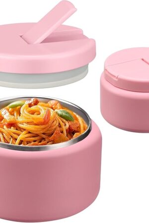 13.5oz Soup Thermo for Hot Food Kids with Buckle Lid Insulated Vacuum Food Jar Wide Mouth Leakproof Stainless Steel Lunch Container- Pink
