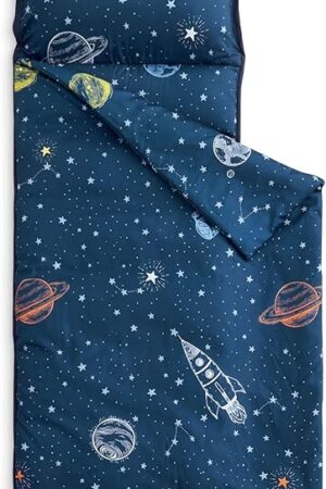Wake In Cloud - Toddler Nap Mat with Pillow and Blanket, for Kids Boys in Kindergarten Daycare Preschool Pre K, Roll Up Sleeping Bag, Spaces Stars Planet Galaxy, Navy White Orange, Standard