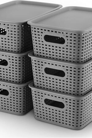 AREYZIN Plastic Storage Baskets Bins With Lid Organizing Container Lidded Knit Storage Organizer Bins for Shelves Drawers Desktop Closet Playroom Classroom Office, 6 Pack