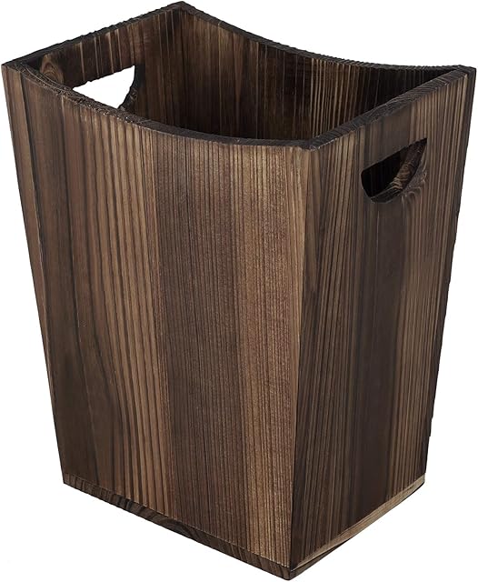 SEHERTIWY Wood Trash Can, Farmhouse Wastebasket Bin for Bathroom, Office, Bedroom, Living Room, Small Square Rustic Garbage Container (Wood-Brown)
