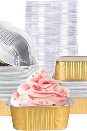 40 Pack Mini Cake Pans with Lids, 5oz Square Aluminum Foil Brownie Baking Cups, Muffin Tin Ramekins, Disposable Dessert Cupcake Cups for Wedding Birthday Party, Gold