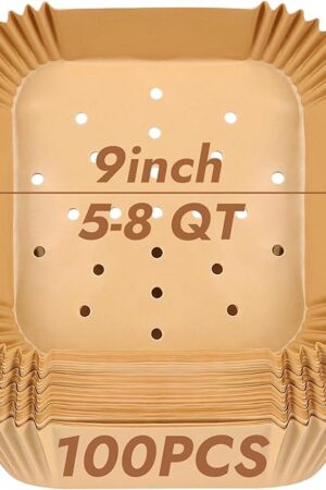 BYKITCHEN Perforated Air Fryer Liners for Ninja Pro AF141/AF181, Chefman, Instant Vortex, Cosori&5-8 QT Airfryer, 100PCS 9 Inch Disposable Air Fryer Parchment Paper Sheet Filters, Airfryer Accessories
