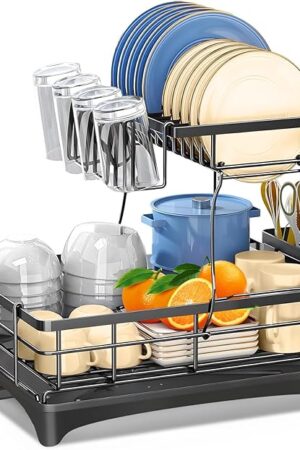 Dish Drying Rack，Durable, Rust-Proof Large 2 Tier Dish Racks for Kitchen Counter, Stainless Steel Kitchen Dish Drying stand,Detachable Capacity Dish Drainer Organizer with Cutlery & Cup Holder