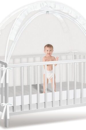 Crib Tent to Keep Baby from Climbing Out - Mesh Climbing Prevention, Pop Up Tent with Two-Way Self-Locking Metal Zipper (White, Lager)