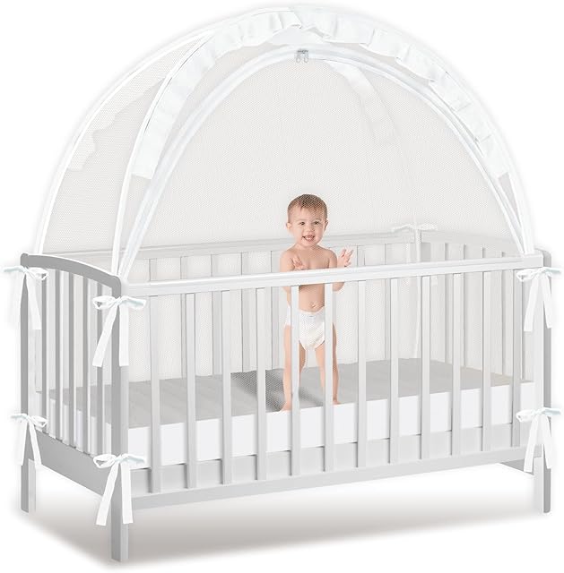 Crib Tent to Keep Baby from Climbing Out - Mesh Climbing Prevention, Pop Up Tent with Two-Way Self-Locking Metal Zipper (White, Lager)