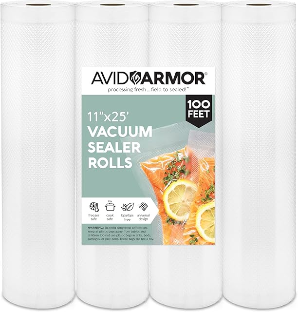 Avid Armor Vacuum Sealer Bags - 4 Pack, 11x25 Rolls | BPA-Free Vacuum Seal Bags for Food Storage, Meal Prep, Sous Vide | Heavy Duty Vacuum Sealer Bags, Fits Foodsaver & Seal a Meal