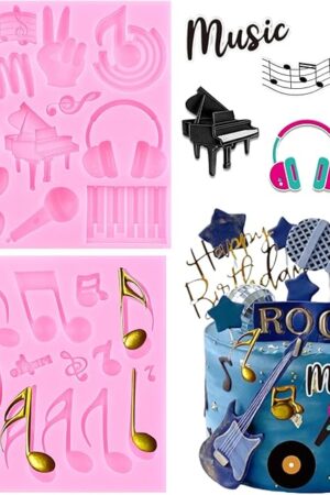 ZiXiang Music Theme Fondant Mold Musical Notes Piano Silicone Molds Musical Keyboard Microphone Molds Music Notes Lace Mat For Sugar Cake Decorating Cupcake Topper Candy Chocolate Gum Paste Set Of 2