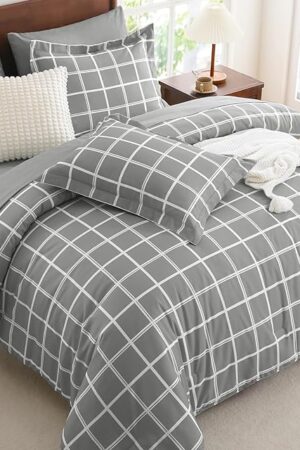 CozyLux Queen Comforter Set with Sheets - 7 Pieces Plaid Bed in a Bag Set Grey, Soft Queen Bedding Sets Bed Set with All Season Quilted Comforter, Flat Sheet, Fitted Sheet, Pillowcases & Pillow Shams