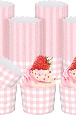 Vesici 150 Pcs Pink Gingham Ice Cream Cups 5oz Dessert Paper Bowls Gingham Scalloped Cupcake Cups Disposable Dessert Bowls for Food Sundae Frozen Yogurt Soup Party Supplies