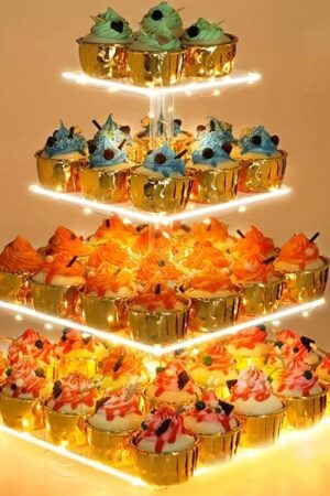 YestBuy 4 Tier Cupcake Stand Acrylic Tower Display with LED Light Premium Holder Dessert Tree Tower for Birthday Cady Bar Décor Weddings, Parties Events (Yellow Light)