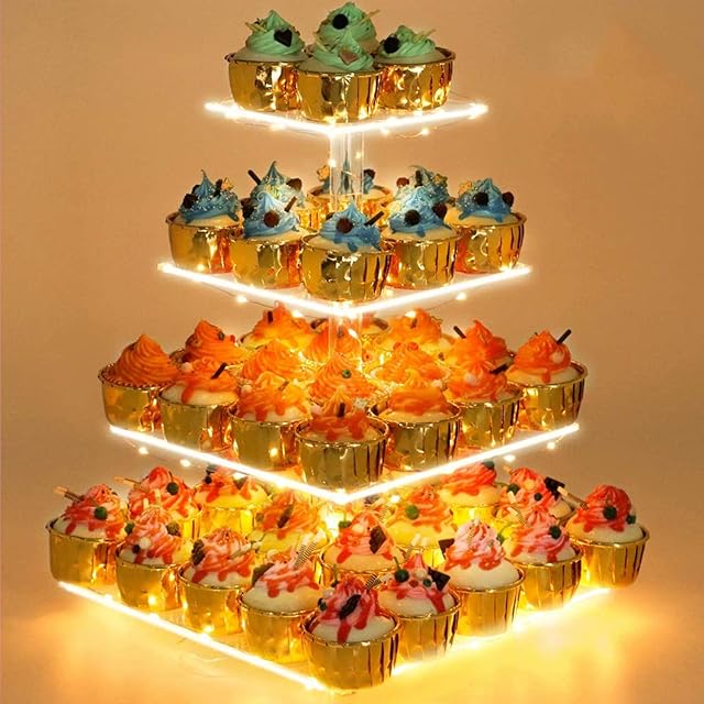 YestBuy 4 Tier Cupcake Stand Acrylic Tower Display with LED Light Premium Holder Dessert Tree Tower for Birthday Cady Bar Décor Weddings, Parties Events (Yellow Light)