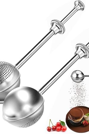 2Pcs Flour Sifter for Baking with Tray, Powdered Sugar Shaker Duster for Sourdough Bread, One-hand Operation Sugar Dispenser with Stainless Steel, Pick Up and Dust Flour Sifter