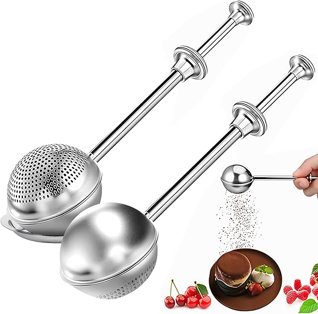 2Pcs Flour Sifter for Baking with Tray, Powdered Sugar Shaker Duster for Sourdough Bread, One-hand Operation Sugar Dispenser with Stainless Steel, Pick Up and Dust Flour Sifter