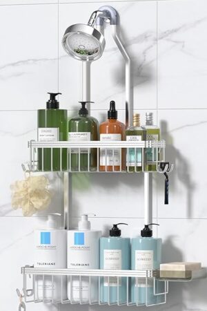 YASONIC Shower Caddy Hanging, Never Rust Shower Organizer Hanging, Aluminum Shower Racks for Inside Shower with Hooks for Razor, Bathroom Organizers and Storage with Soap Holder, Bright Silver