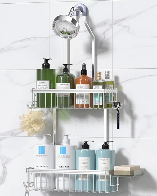 YASONIC Shower Caddy Hanging, Never Rust Shower Organizer Hanging, Aluminum Shower Racks for Inside Shower with Hooks for Razor, Bathroom Organizers and Storage with Soap Holder, Bright Silver
