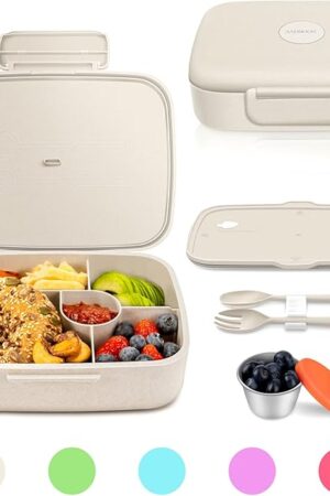 Bento Lunch Box, 5 Compartments Lunch Container for Kids/Adults with Snack cup, Wheat Fiber Eco-Friendly Double Insulated Boxes, Dishwasher and Microwave Safe, BPA-Free (White)