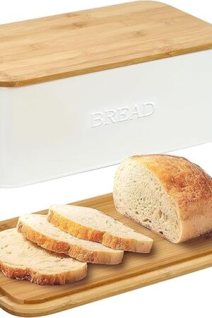 White Bread Box for Kitchen Countertop, Small Storage Container with Bamboo Lid, Modern Kitchen Organizer for Sourdough, Buns, and Loaves, Bread Storage with Cutting Board Lid