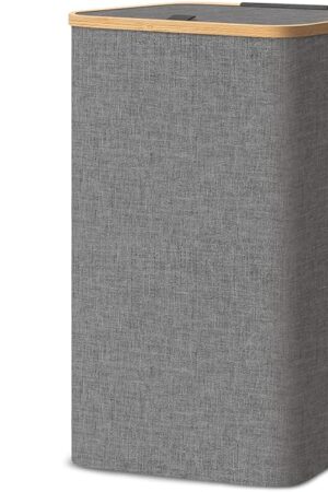 BALEINE Laundry Hamper with Lid, Tall Laundry Baskets with Bamboo Pull Handles, Large Laundry Bin with Internal Support (26 Gal/100L, Grey)
