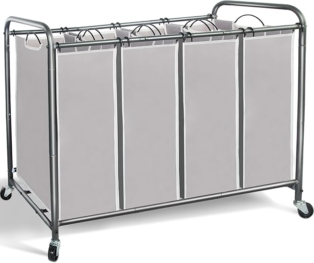 STORAGE MANIAC Laundry Sorter 4 Section, 47.8 Gal (181 L) Laundry Hamper with Wheels, Clothes Divider Basket Sorter, Clothes Separator Hamper Cart with Wheels and Removable Bags, Gray