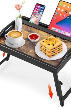Bed Tray Table Breakfast Trays Serving Tray Bamboo Bed Laptap Floding Legs with Handles and Phone Holders