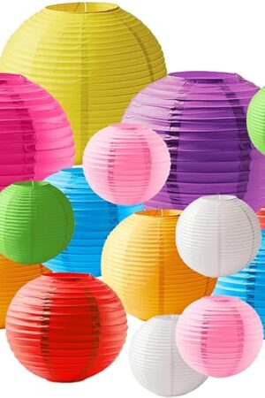 15PCS Colorful Paper Lanterns – Hanging Chinese/Japanese Round Decorations for Classroom, Birthday Party, Summer, Pool, Beach & Indoor/Outdoor Events – 10? 8? 6? Sizes