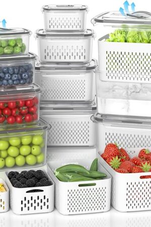 10Pack Fruit Storage Containers for Fridge - Berry Containers with Vent and Handle Lids, Fruit Containers for Fridge with Colander, lettuce keeper for Refrigerator Organizers and Storage