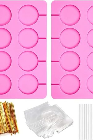 2Pcs Silicone Hard Candy Chocolate Molds, Round Non-stick Silicone Lollipop Sucker Mold Making Kit with 20 Sticks, 100 Count Golden Ropes and 100 Bags, for Candies, Panels, Jellies, Bread, Etc. A1