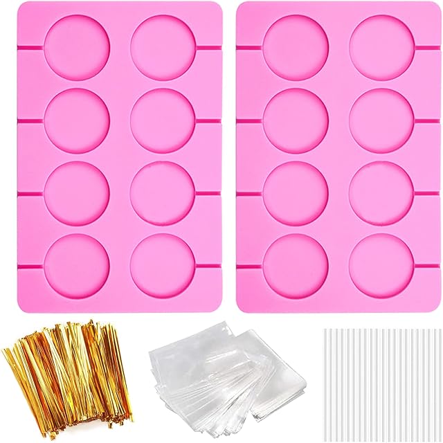 2Pcs Silicone Hard Candy Chocolate Molds, Round Non-stick Silicone Lollipop Sucker Mold Making Kit with 20 Sticks, 100 Count Golden Ropes and 100 Bags, for Candies, Panels, Jellies, Bread, Etc. A1