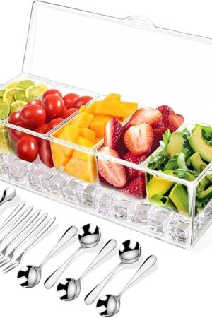 Condiment Tray with Stainless Steel 5 Spoons, 5 Forks and 1 Clip, Chilled Condiment Server, Condiment Server, Bar Garnish Holder on Ice, Bar Accessories Fruit and Salad with Removable Trays and Lid