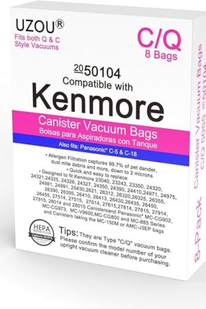 8 Pack Style C/Q Canister Vacuum Bags for Kenmore 50104, Micro Filtration Premium Dust Bags Fit Kenmore Style C Q 5055 50557 50558 Type C-5 Models