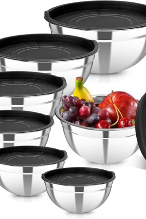 7 Piece Stainless Steel Mixing Bowls with Lids Set, Metal Mixing Bowls Nesting Design Salad Bowl for Kitchen Cooking, Baking, Prepping and Serving Food (Size 0.7, 1.1, 1.5, 2.1, 3.5, 4, 4.5QT)