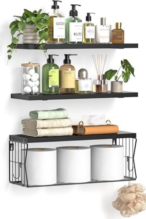 Bathroom Shelves Over Toilet Set of 3 - Solid Wood Floating Shelves Wall Mounted for Organizer and Storage - Hanging Wooden Decorative Wall Shelf for Modern Bathroom Kitchen Home Decor - Black
