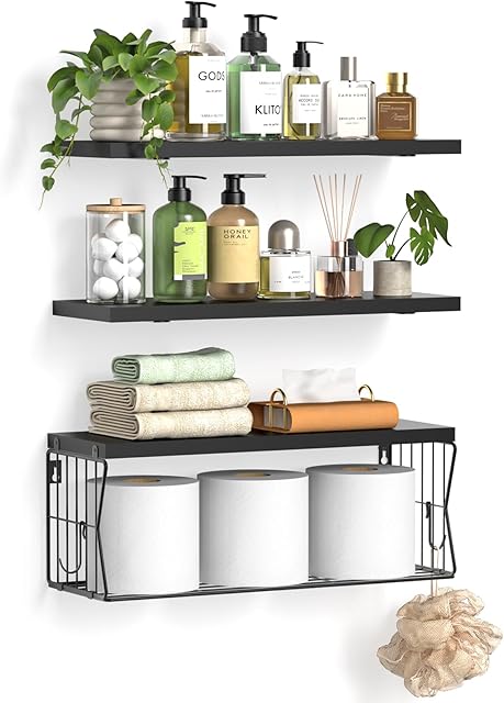 Bathroom Shelves Over Toilet Set of 3 - Solid Wood Floating Shelves Wall Mounted for Organizer and Storage - Hanging Wooden Decorative Wall Shelf for Modern Bathroom Kitchen Home Decor - Black